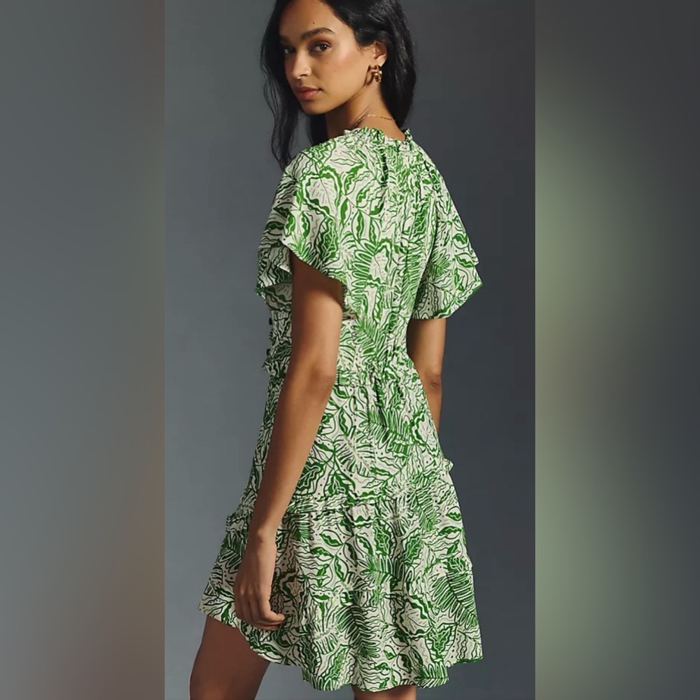 Anthropologie White Mini Dress with Green Botanical Print